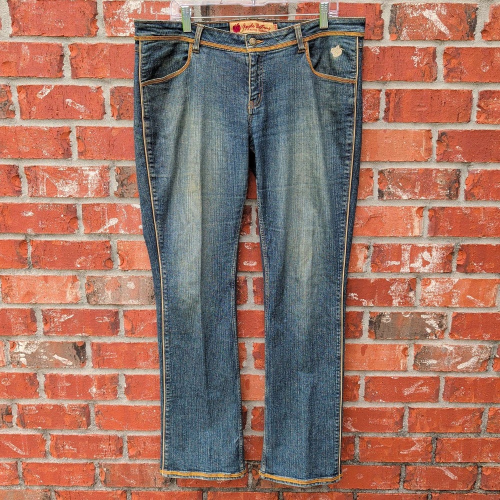 Apple Bottoms Jeans Women 13/14 Blue Y2K Apple Pocket Flare Gold Stitching
